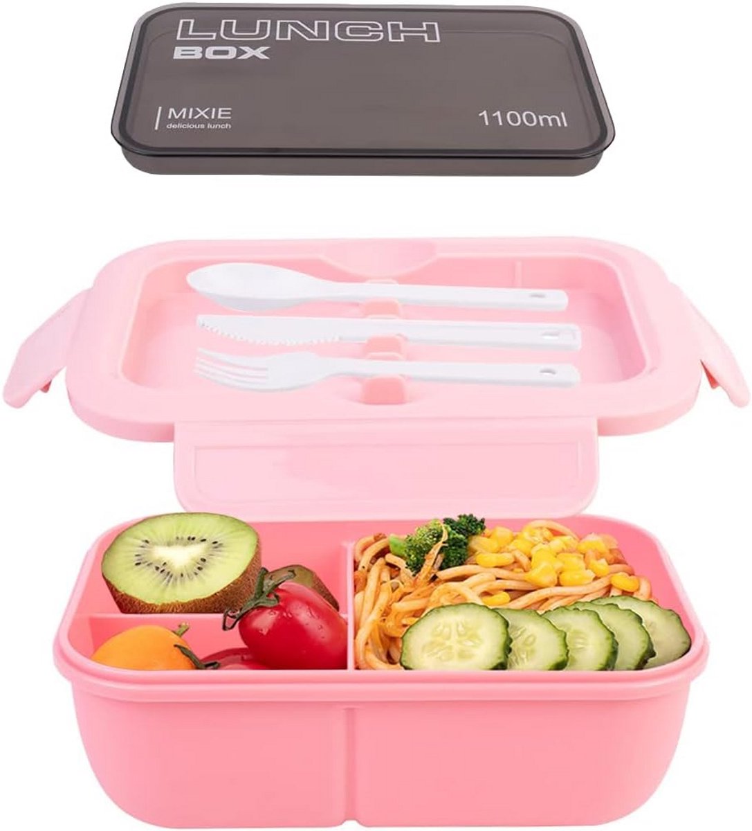 Lunchbox 1000 ml met 3 Vakken - Inclusief Bestek - Magnetron en Vaatwasserbestendig