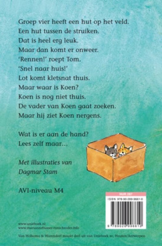 Achterkant van een boek met tekst en een illustratie van twee kittens in een doos. Titel van de illustratie: Koen en Lot.