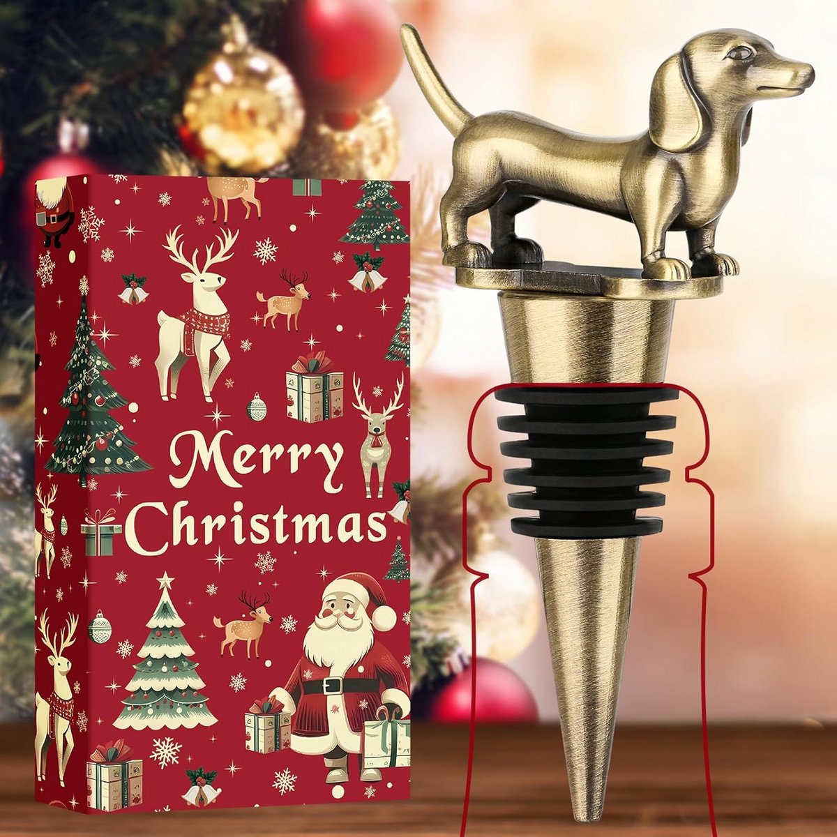 Teckel wijnstopper met kerstverpakking en kaart
