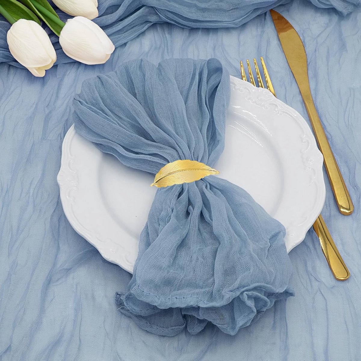 12 stuks boho gaas servetten 50 x 50 cm - stofblauw, voor feesten en thuis
