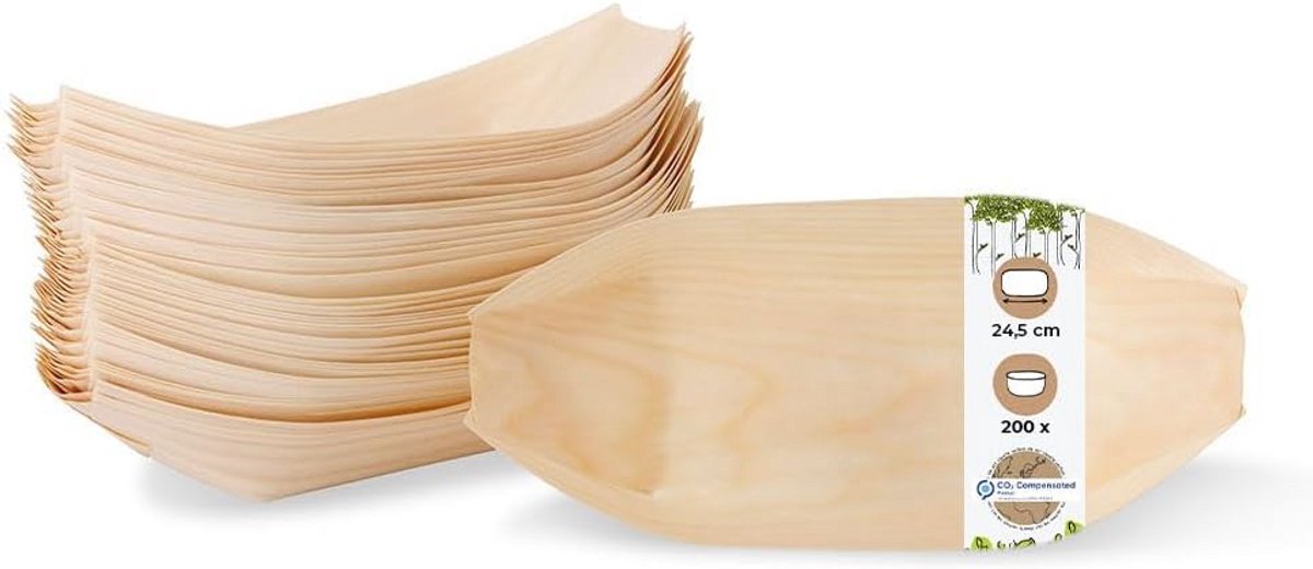 Wegwerp snackschalen hout 24,5 cm 200 stuks - milieuvriendelijk servies