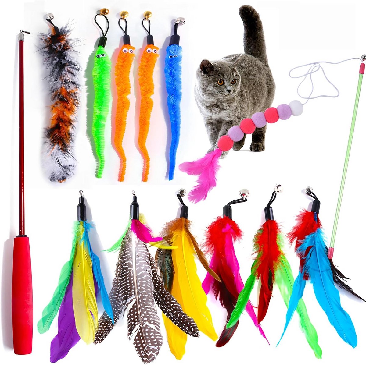 12-delige kattenkrabbenset met intrekbare hengel en verwisselbare speeltjes