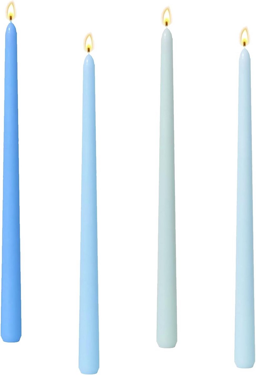 Blauwe Staafkaarsen 25 cm - Set van 4 - Puntige Kaarsen Ø 2,2 cm - Kleurrijke Tafeldecoratie - Geschikt als Druppelkaars voor Flessen - Ideaal voor Bruiloft en Banket - Ritualkaarsen