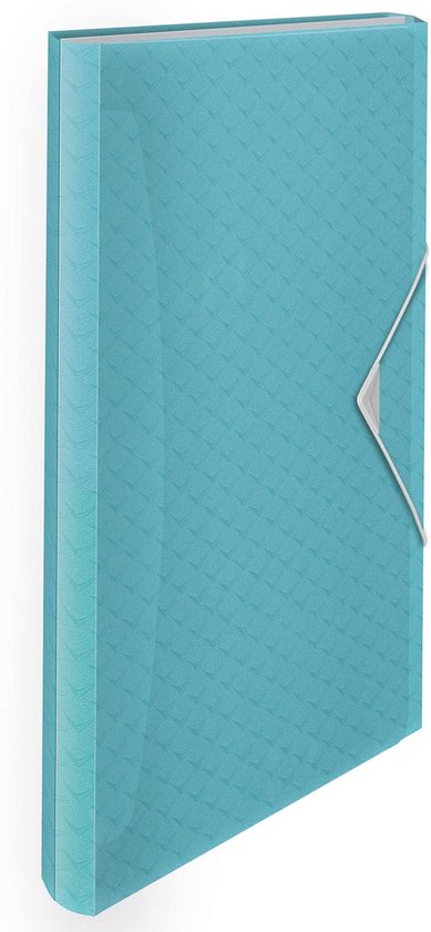 Dossier turquoise avec motif losange et fermeture élastique.