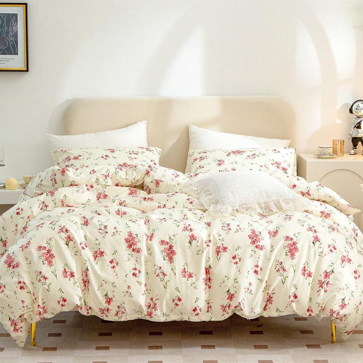 Ibenzoa Vierdelig bloemen bedlinnen set met omkeerbaar dekbedovertrek en kussenslopen Beige Pink Green
