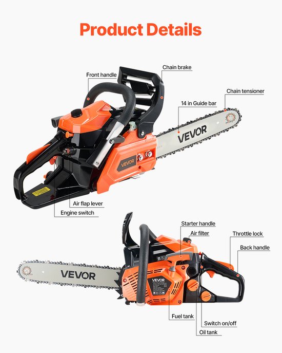 VEVOR 40cc Benzinekettingzaag 355mm Kettingzaag 1,8pk 12000 Tpm Houtzagen van VEVOR — afbeelding 3