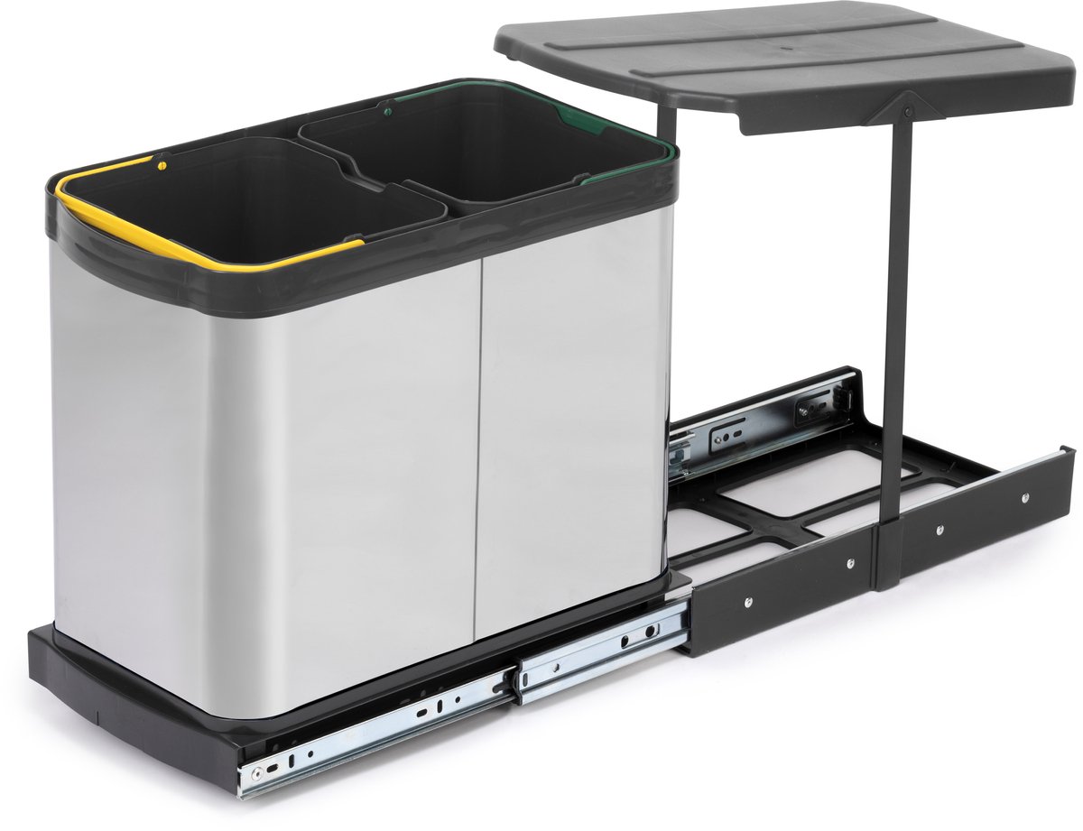 Emuca Recycle Inox 2x12 liter recyclebak voor bodembevestiging en handmatige/automatisch uitschuifba