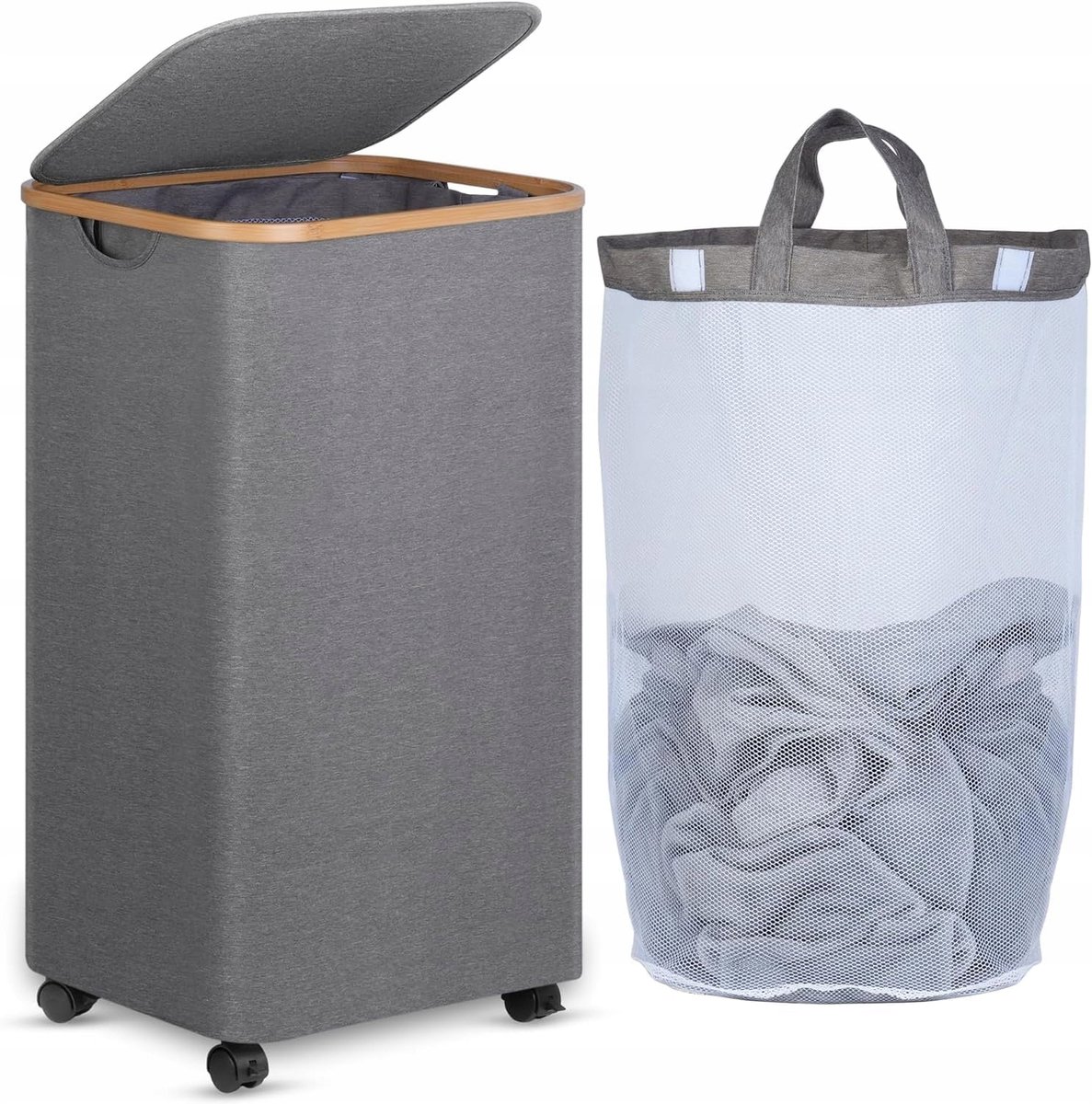 Wasmand op Wielen 100L met Uitneembare Zak & Bamboe Frame