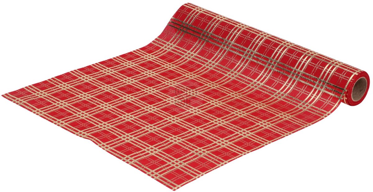 Decoratieve kerst tafelloper - Rood met Gouden Ruiten