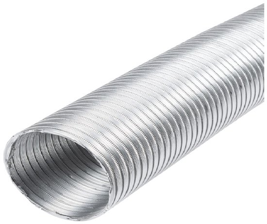 Un tuyau de ventilation flexible en aluminium argenté avec une texture côtelée.