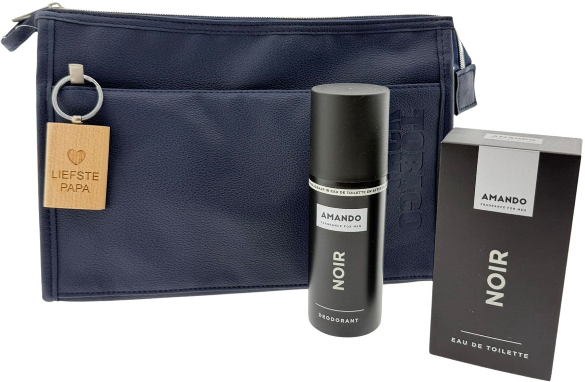 Amando Noir Heren Cadeauset – Eau de Toilette & Deospray met Toilettas & Sleutelhanger “Liefste Papa” – Cadeau voor Mannen