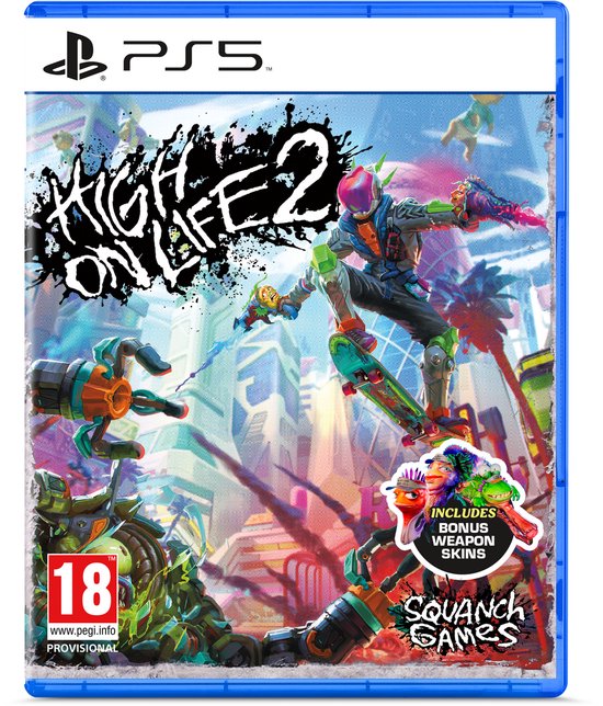 PS5 gamecover: High On Life 2, met personages en de tekst "Includes bonus weapon skins".