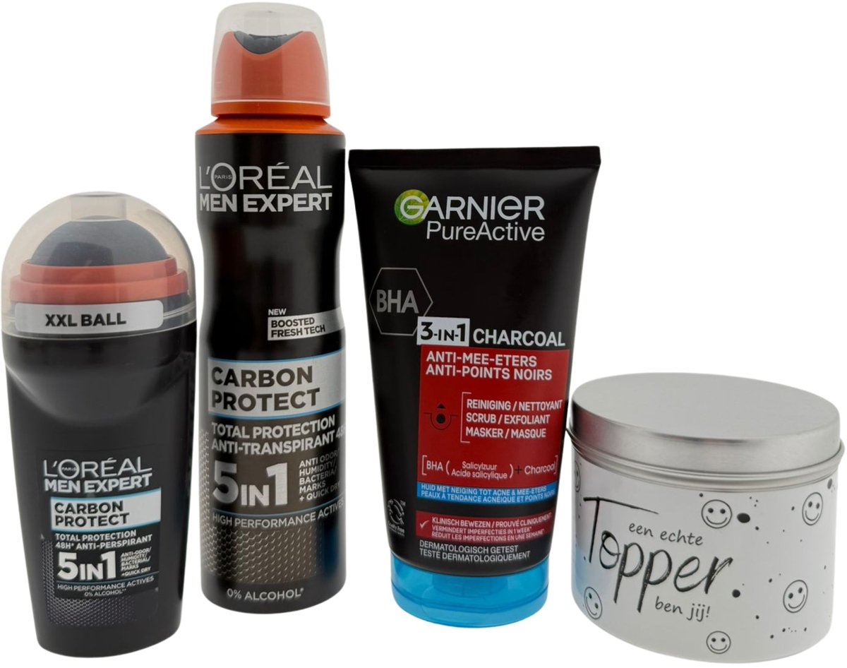 L’Oréal Men Expert Carbon & Garnier Heren Cadeauset – Deo Spray, Deo Roller, Reinigingsgel & Snoepblikje “Echte Topper” – Cadeau voor Mannen