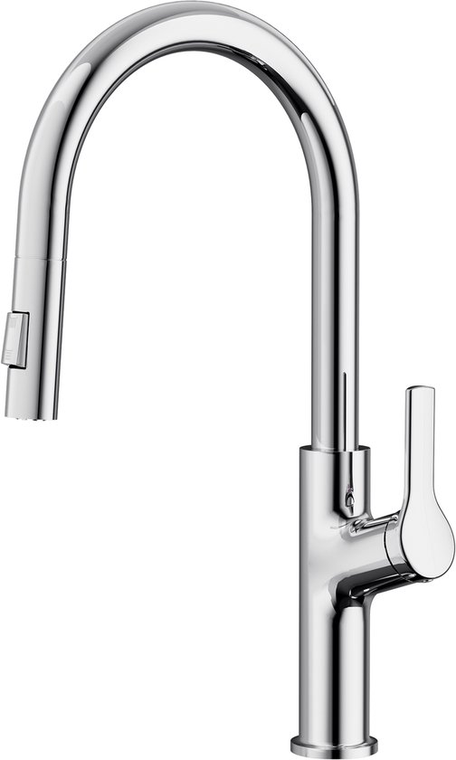 Robinet de cuisine chromé moderne CECIPA max avec bec courbé et douchette extractible, isolé sur fond blanc.