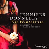 Vrouw in rode jurk met een witte roos in haar hand. Titel: Die Winterrose.