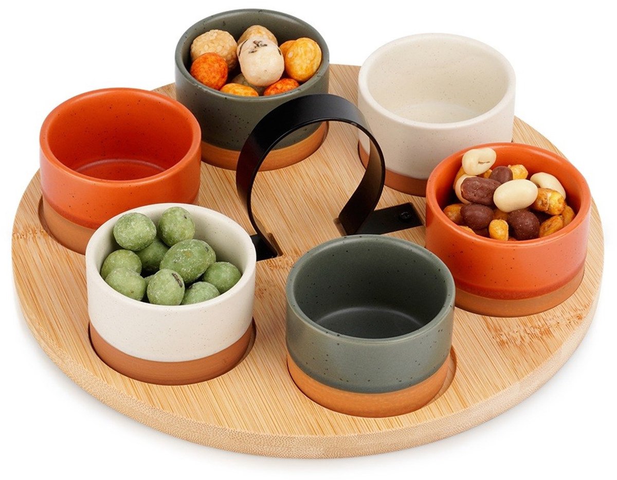 Excellent Houseware - Snack- en Tapasschaal - Keramische Kommen - Bamboe Dienblad - 7-delig