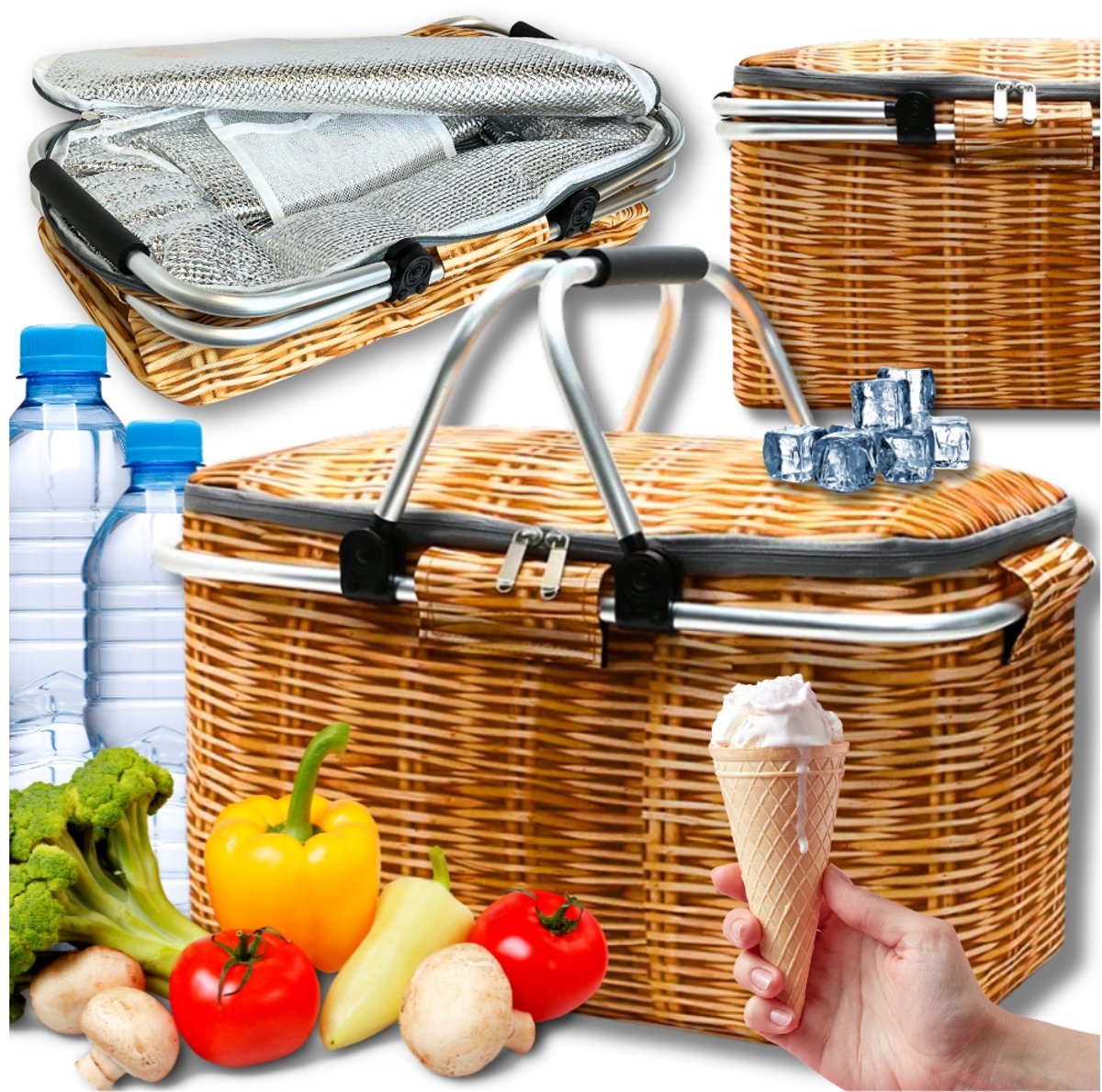 Sandos - Opvouwbare Rieten Thermische Picknickmand - 30 Liter - Aluminium Frame