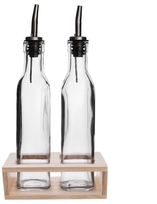 Orion Serie - Glazen Flessenset - 300 ml - Houten Standaard - Voor Olijfolie en Azijn van Merkloos — afbeelding 3