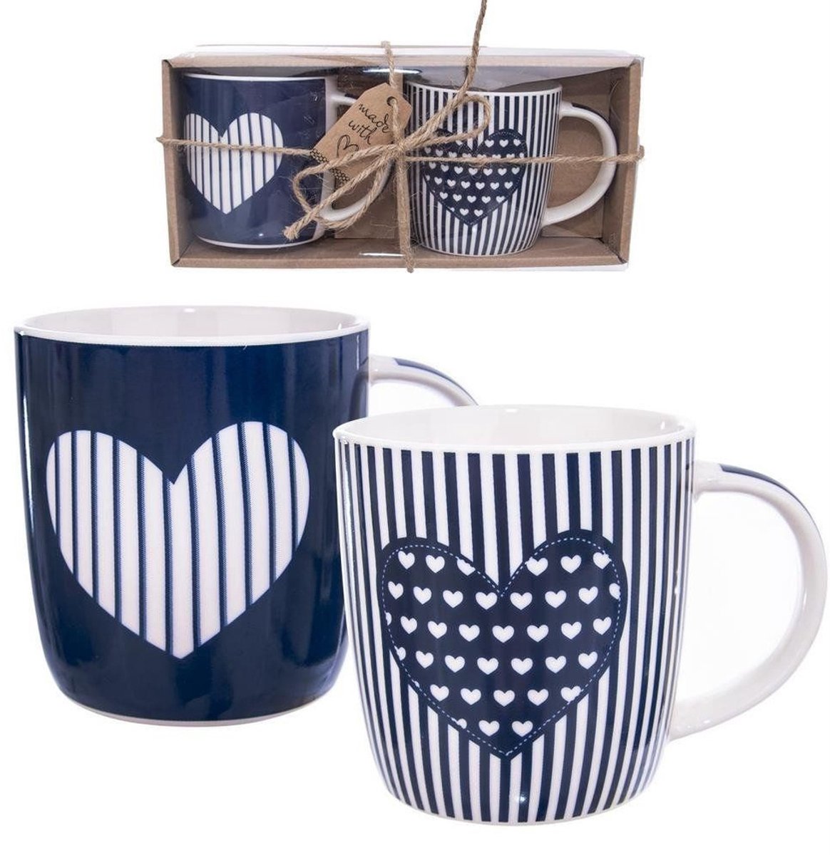 Orion - Porseleinen Kopjes - 390 ml - Set van 2 - Met Hartdecor - Geschikt voor Vaatwasser en Magnetron
