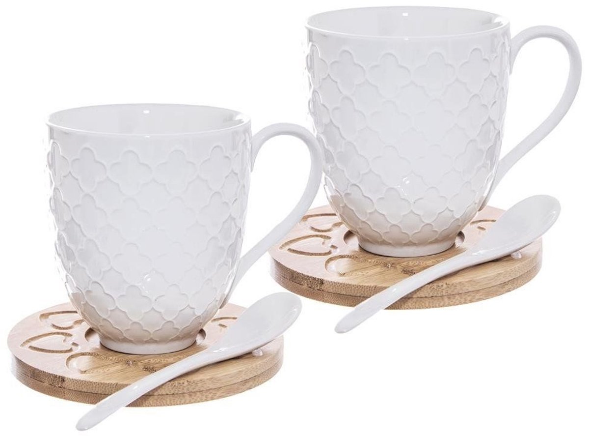 Orion WHITELINE - Porseleinen Mok Set - 370 ml - Met Bamboe Onderzetters - Inclusief Lepels