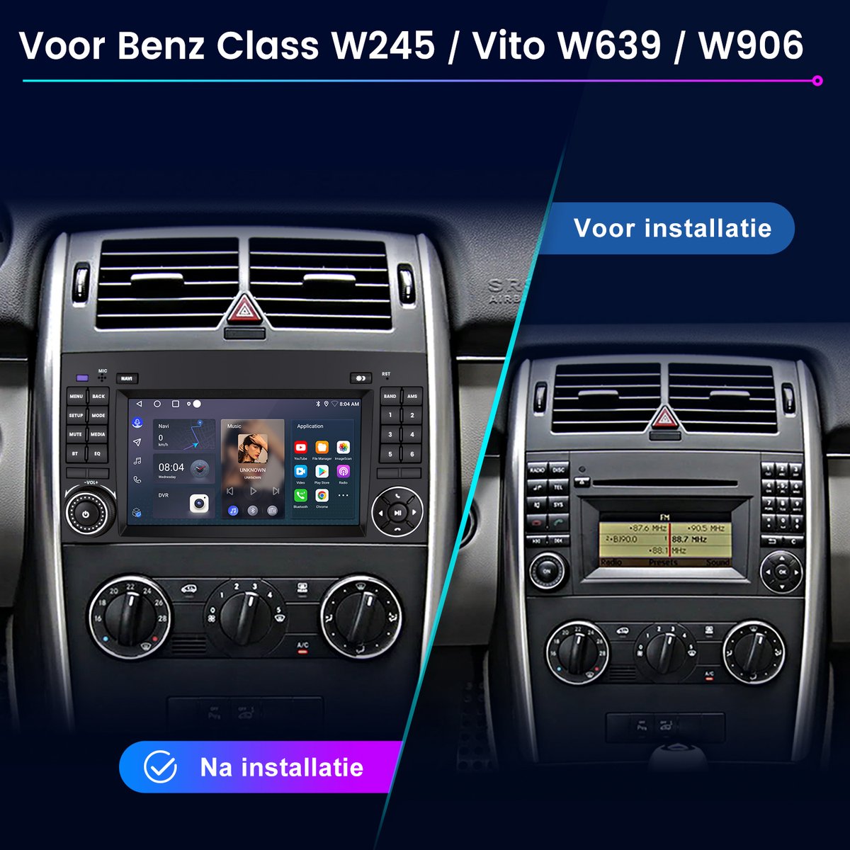 JUNSUN Autoradio - Geschikt voor Mercedes-Benz A/B-Klasse W245, W169, Sprinter, Viano, Vito W639 -Andriod 15 - Draadloos Carplay & Android Auto - Bluetooth, GPS-navigatie, WiFi, FM, RDS, 7-inch Touchscreen, DSP, Quad-core processor