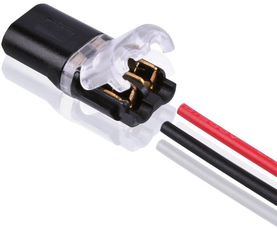 Zwarte kabelconnector met transparante klep open, gouden contacten zichtbaar, met rode, zwarte en grijze draden.