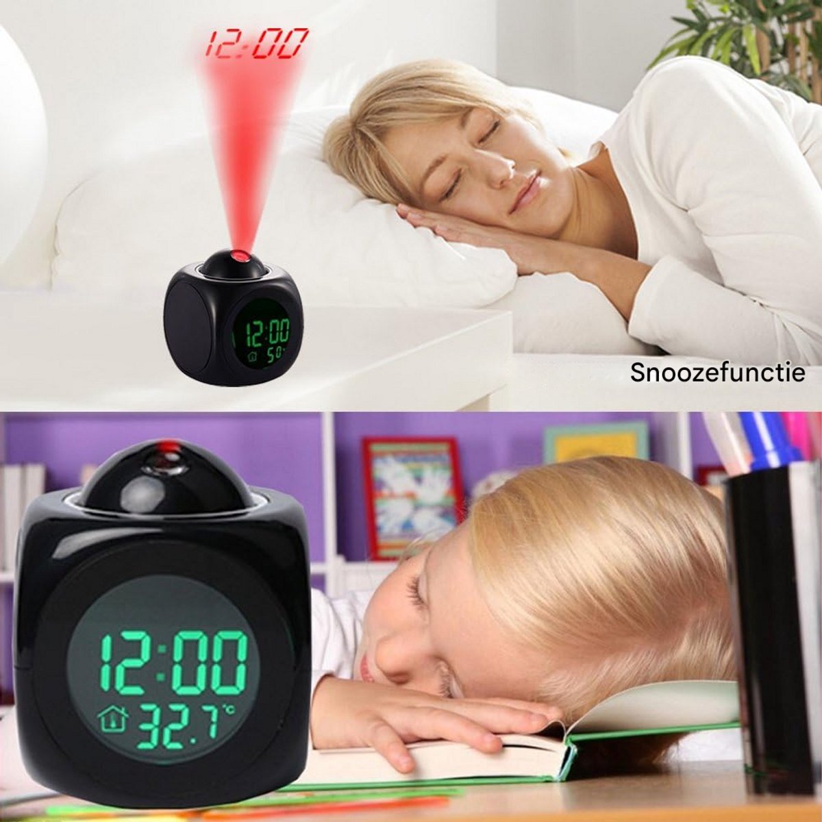 longziming -Digitale Projectie Wekker met Stil LED Display – 12/24u Tijdweergave, Plafondprojectie, Stemcontrole, Temperatuurdisplay & Sluimerfunctie – Zwart