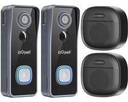 ieGeek Security Bell J9 Video Deurbel – Add-on – Video Doorbell – Cam technologie, 2K Resolutie Full HD – resolutie, kleur nachtzicht – Draadloos/Batterij – Live videogesprek, 24/7 opname, Mens- en bewegingsdetectie – Waterdicht – 2 Stuks