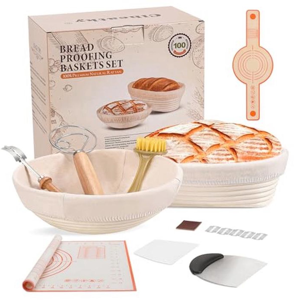 Gaarmandje Rond 25 cm - Fermentatie- en Broodmand Set Met Deegschraper