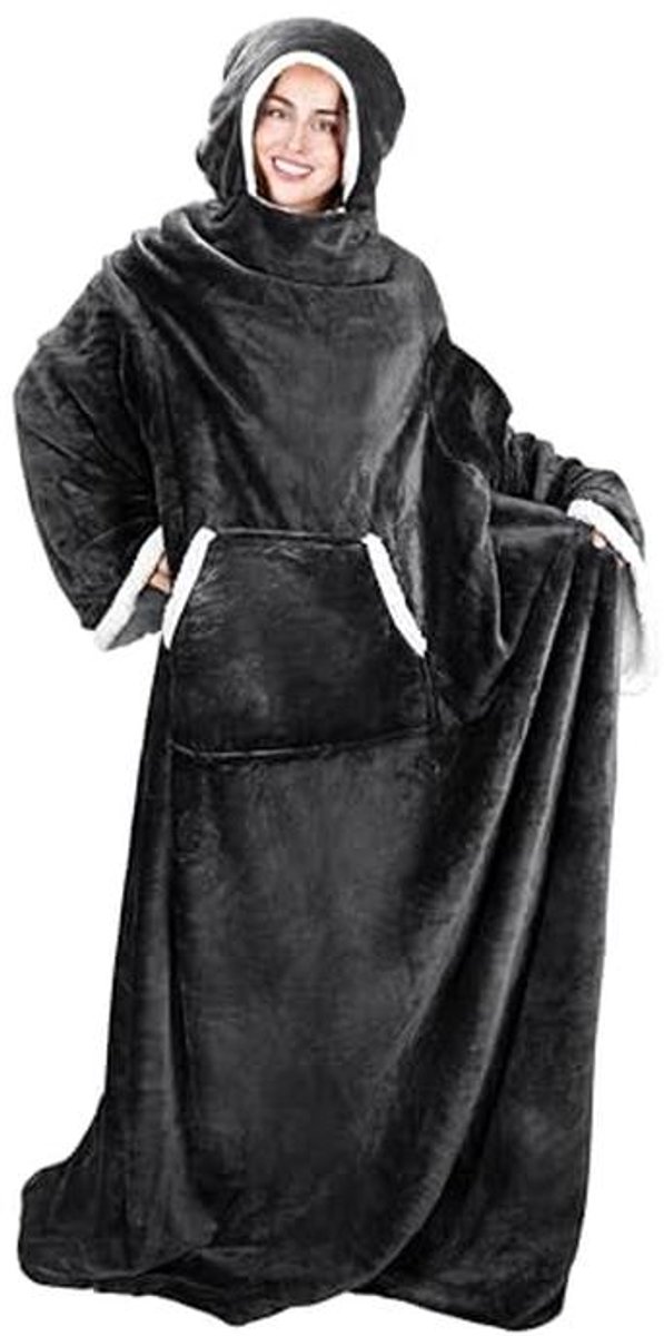 Draagbare fleece deken met mouwen en capuchon voor volwassenen