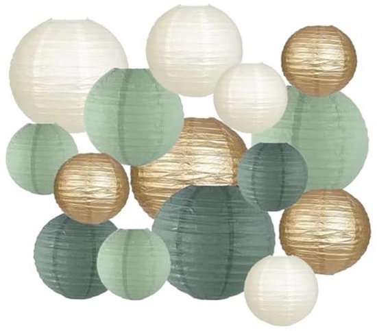 15 Papieren Lampionnen - Ronde Hangende Lantaarns in Saliegroen Eucalyptus voor Tuin en Bruiloft - Eenvoudig Te Installeren