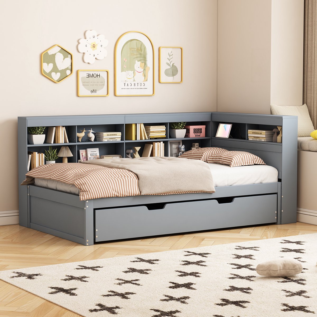 Wishdor Kajuitbed met Onderschuifbed - L-Vormige Boekenkast - Ingebouwd USB Laadstation - Massief Hout - Grijs - 90x200 cm