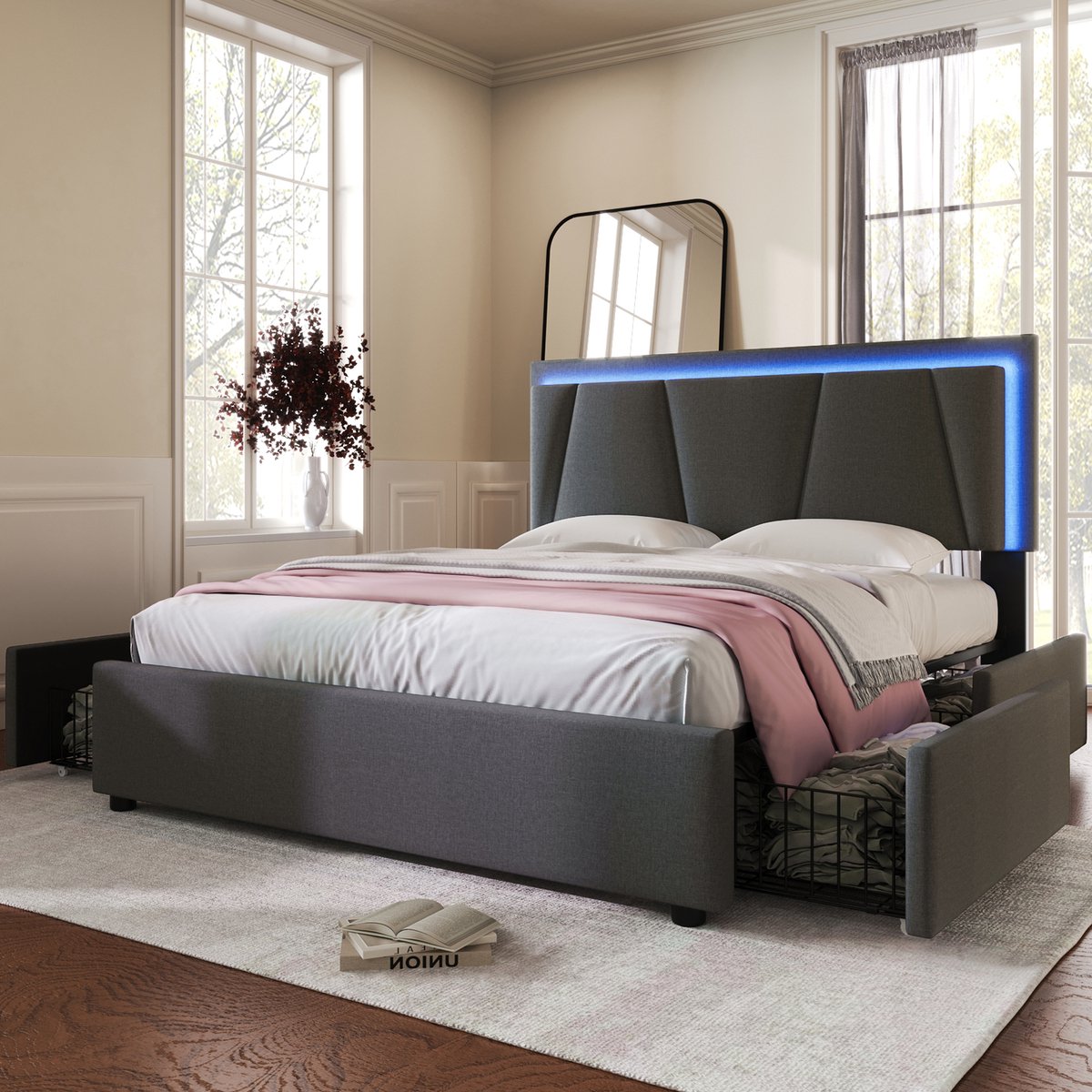 Wishdor Gestoffeerd Bed 140x200 cm – LED & 4 Lades – Verstelbaar Hoofdbord – Grijs Hout/Linnen – Praktisch & Modern