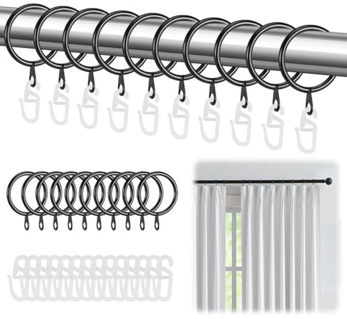 Metalen gordijnringen set 50 stuks met kunststof haken - 31 mm binnendiameter