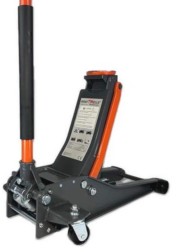 Grijze krik met oranje details, label en CE-markering, met een lange zwarte en oranje handgreep.
