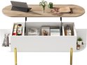 Witte salontafel met houten blad, gouden poten, openklapbaar tafelblad met opbergvakken.