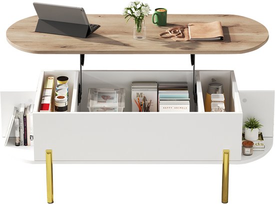 Witte salontafel met houten blad, gouden poten, openklapbaar tafelblad met opbergvakken.