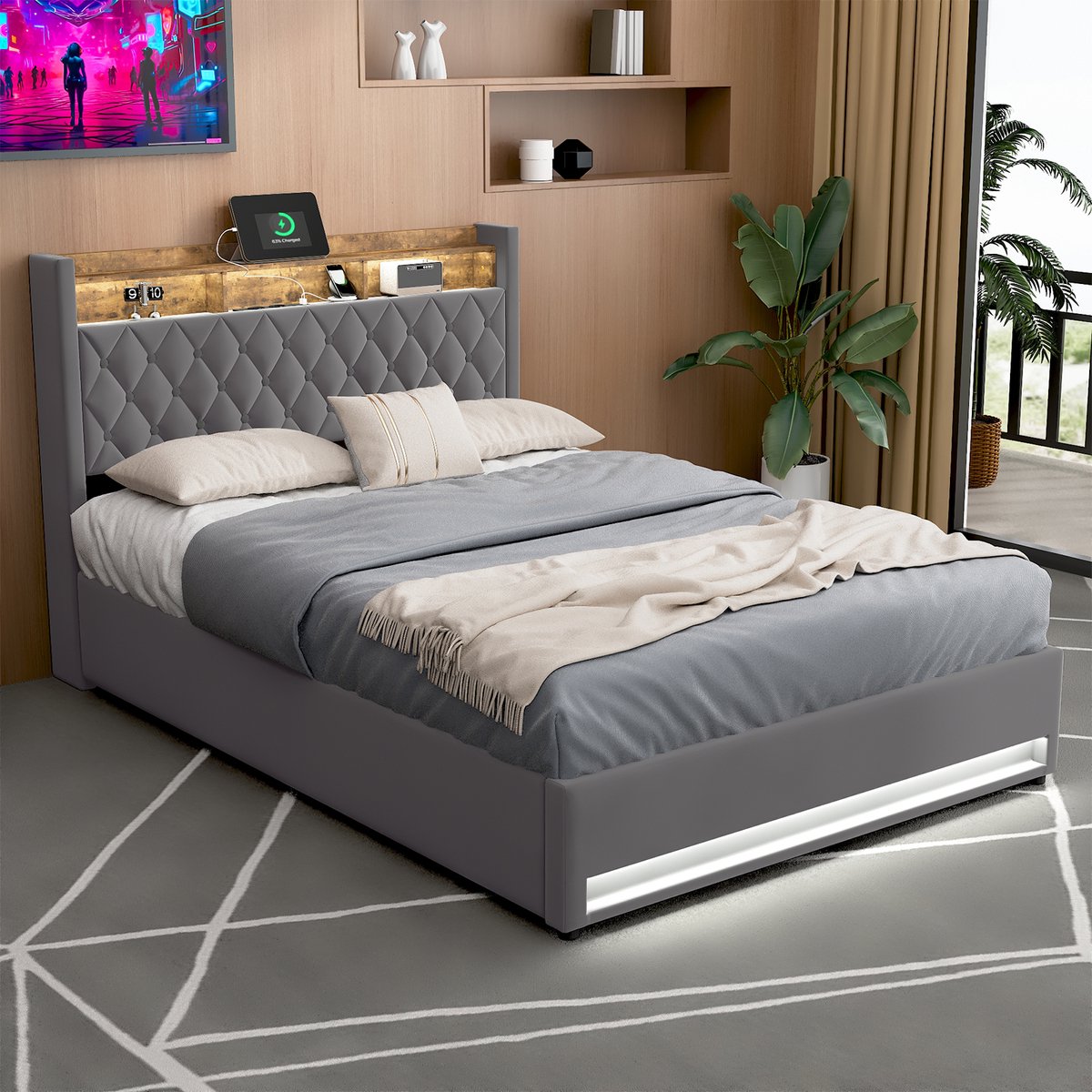 REDOM Opbergbed 140x190 Cm – LED Hoofdbord Met Opbergruimte – Ruimtebesparend Tweepersoonsbed Voor Slaapkamer – Modern Design – Grijs