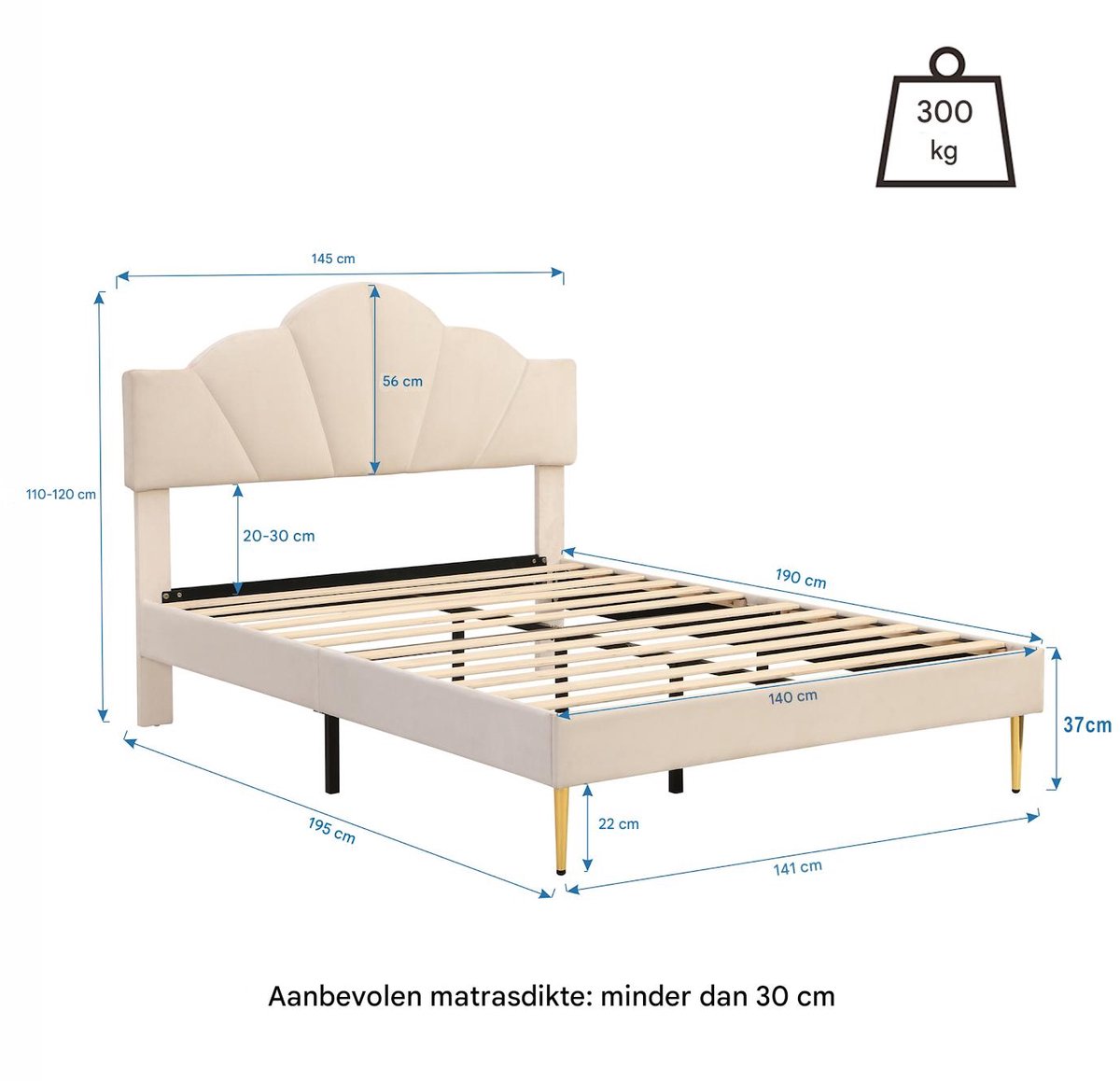 Strovea Fluwelen gestoffeerd tweepersoonsbed 140x190 cm, schelpachtig bed met gouden metaal poten, in hoogte verstelbaar hoofdeinde, houten lattenbodem, beige