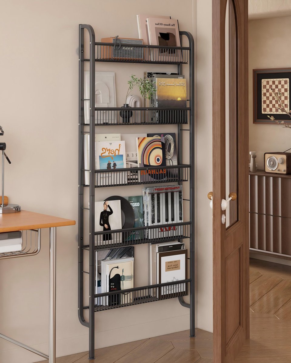 Ibenzoa Slanke metalen wandboekenkast met vijf niveaus voor compacte ruimtes Black