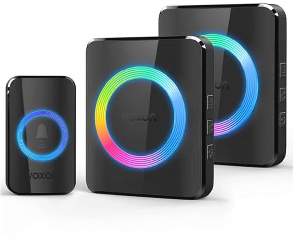 VOXON Draadloze deurbel, 400 m bereik, draadloze deurbel, set met 2 plug-in-ontvangers en 1 zender, IP65 waterdichte deurbel, voor buiten, 60 melodieën, deurbel, RGB-licht (zwart)
