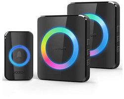 VOXON Draadloze deurbel, 400 m bereik, draadloze deurbel, set met 2 plug-in-ontvangers en 1 zender, IP65 waterdichte deurbel, voor buiten, 60 melodieën, deurbel, RGB-licht (zwart)