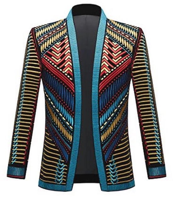 Zwarte openvallende blazer met opvallende geometrische borduursels in rood, blauw en goud.