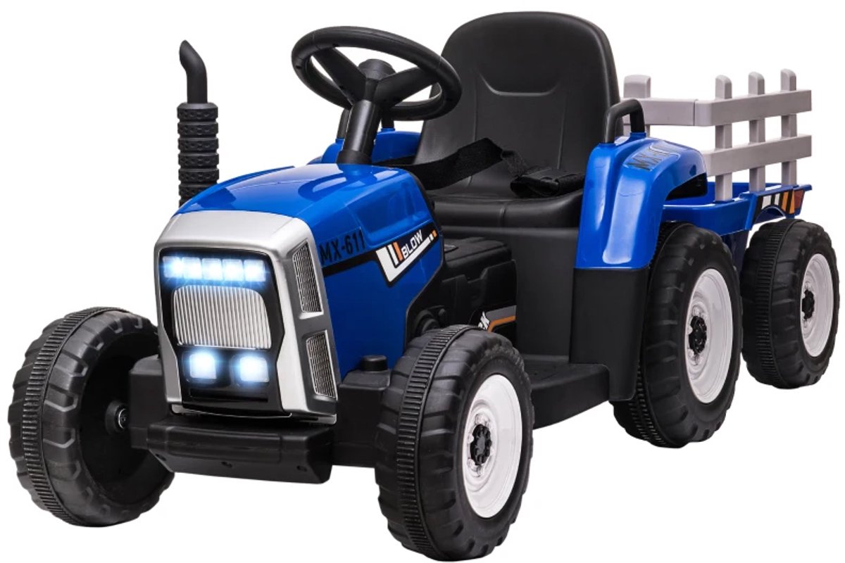Elektrische Kinderauto met Aanhanger - Kindertractor - 12V Accu - tot 6 km/u - Kinderen 3-6 jaar - met Afstandsbediening en Verlichting - Claxon & Muziek - Accuvoertuigen - Blauw