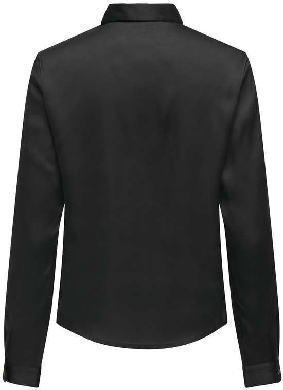 Zwarte satijnen blouse met lange mouwen, achterkant.