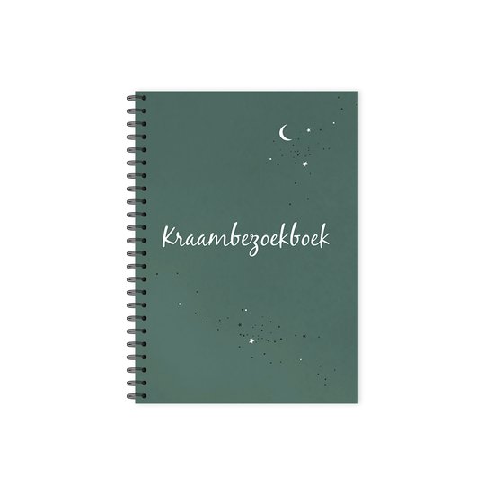 Groen 'Kraambezoekboek' met een maan, sterren en de tekst 'Kraambezoekboek' in sierlijke letters.