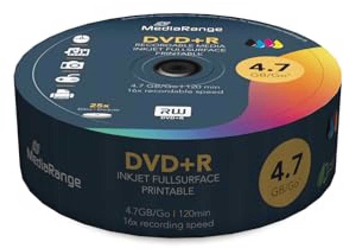 DVD+R 4,7 GB 25 stuks - Volledig bedrukt, 16x schrijf snelheid, ideaal voor inkjetprinters