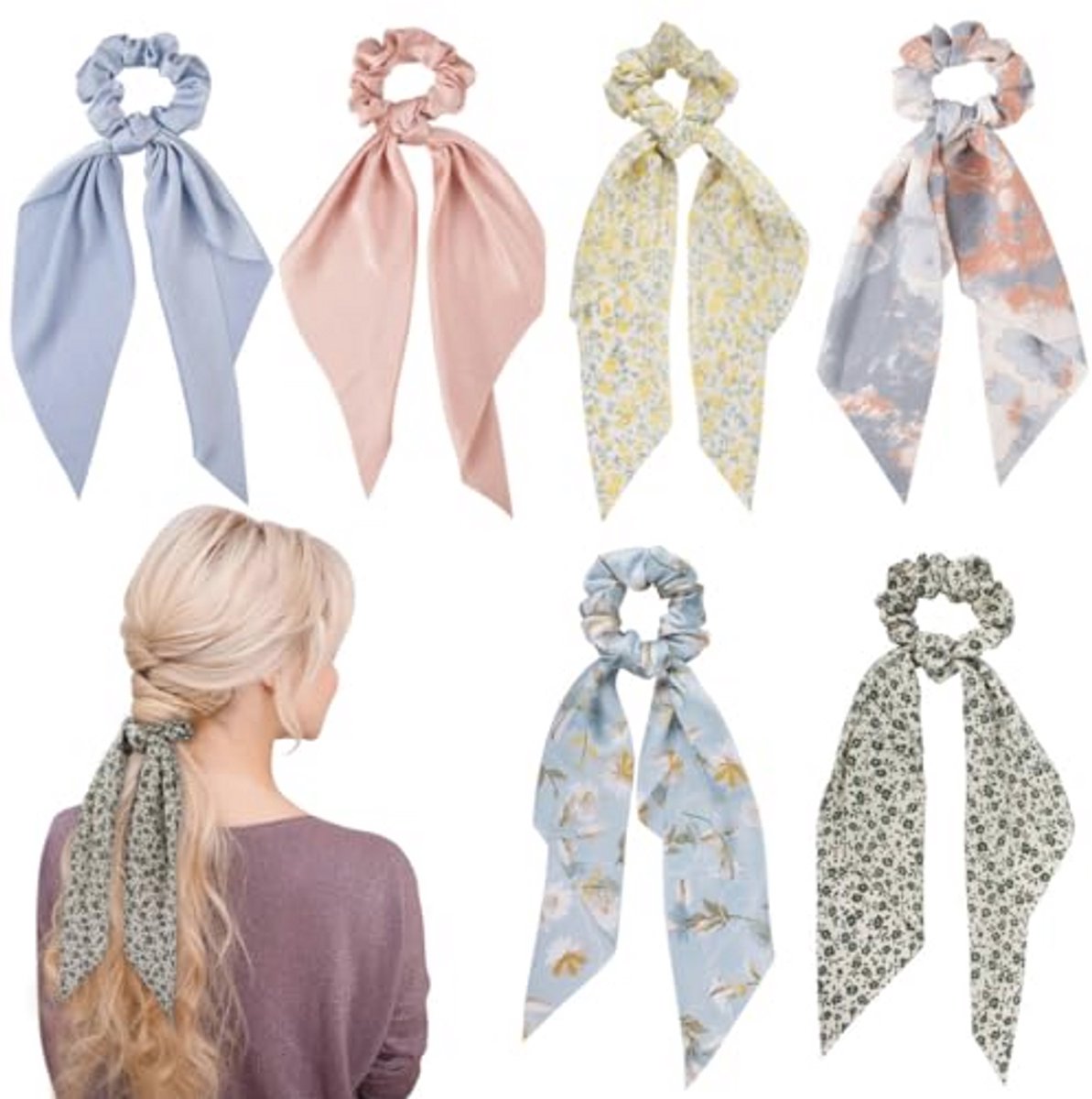 Chiffon Haar Scrunchies - Set van 6 Elastische Haaraccessoires met Bloemen Sjaal