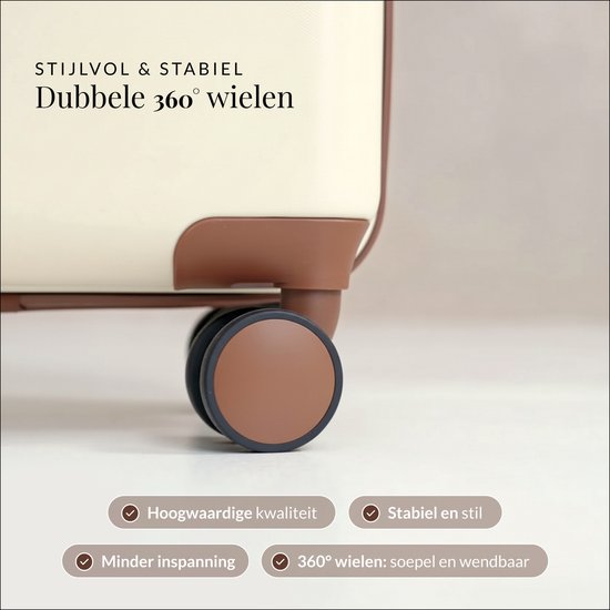 Gros plan sur les doubles roues pivotantes à 360° d'une valise blanc cassé avec des accents marron.