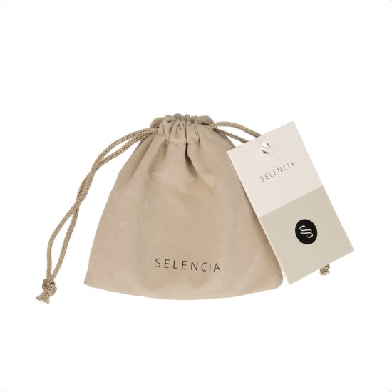 Beige suède buidel met merknaam 'SELENCIA' en een Selencia-kaartje.